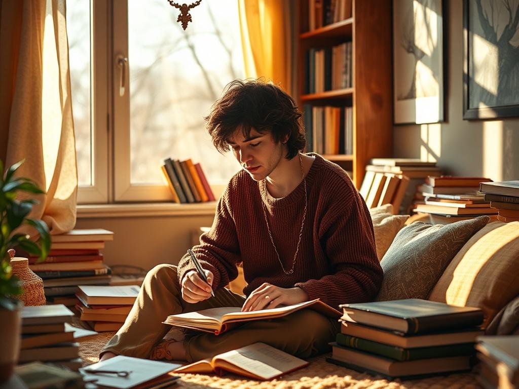 A thoughtful individual sitting in a cozy, sunlit room, surrounded by journals and books, deep in contemplation as they write down their priorities, with a warm, inviting ambiance.