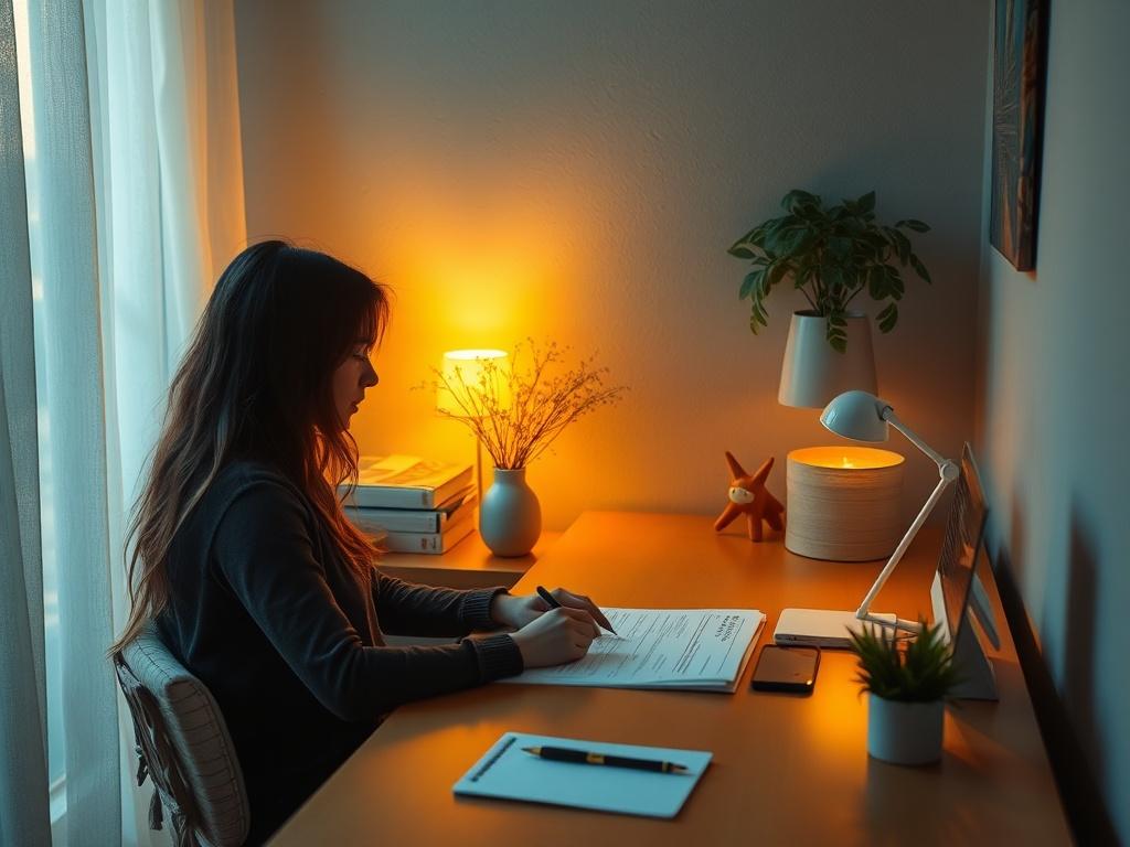 A calm and serene setting with a person filling out an application form at a cozy desk, soft golden lighting illuminating the space, and a peaceful atmosphere that encourages personal reflection.