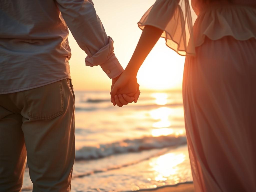 A serene scene of a couple holding hands on a beach at sunset, with soft golden hues illuminating the sky. The focus is on their intertwined hands, symbolizing unity and love. The background features gentle waves lapping at the shore, creating a tranquil atmosphere, with soft lighting enhancing the romantic mood.