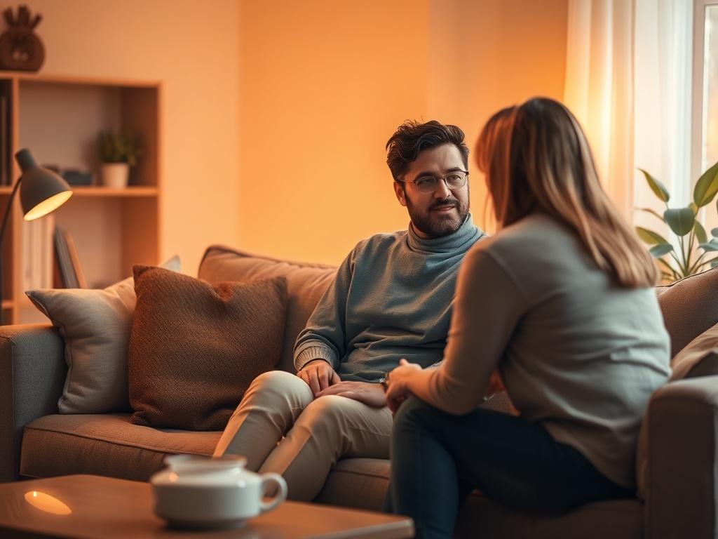 A serene counseling session with a couple sitting on a cozy sofa, engaged in a heartfelt conversation with a warm, inviting atmosphere. Soft golden lighting fills the room, creating a peaceful ambiance. The background features a simple bookshelf with a few books and a plant, enhancing the calming environment. The focus is on the couple, expressing connection and openness as they learn and grow together.