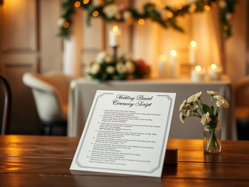 A cozy, serene setting featuring a beautifully designed ceremony script on a wooden table. The script is elegantly displayed with soft golden hues and warm lighting. In the background, subtle decorations hint at a wedding theme, such as flowers or candles, creating a warm and inviting atmosphere.