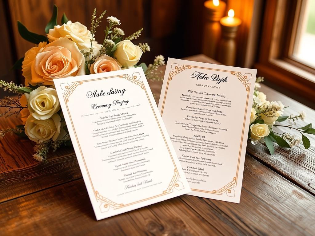 An elegant printable ceremony program displayed on a rustic wooden table, adorned with soft floral accents. The program features a beautiful layout with warm golden hues, inviting text, and serene lighting, enhancing the overall ambiance of a wedding.