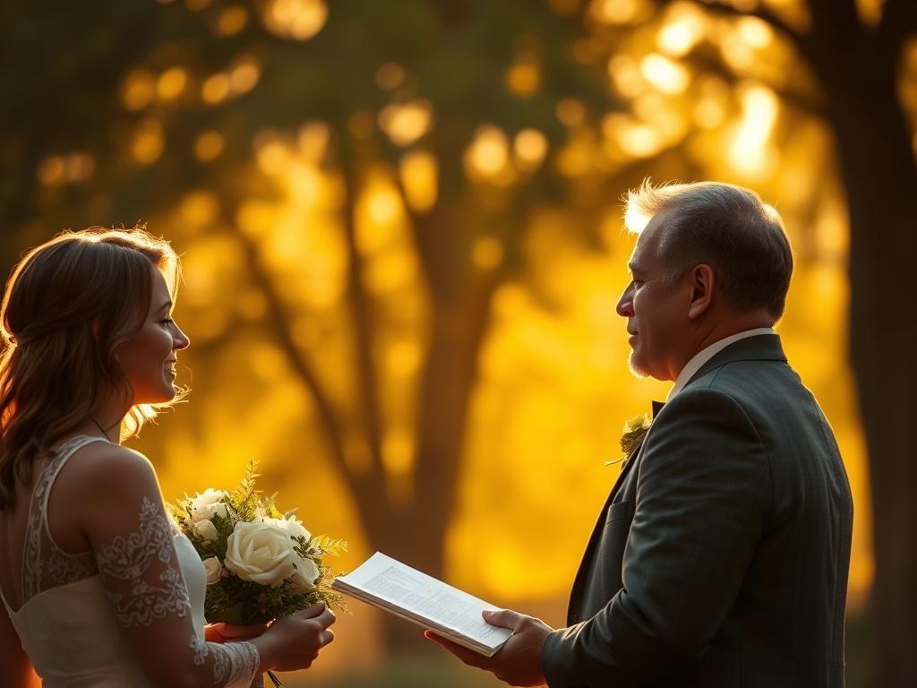 A serene image of Minister Adrian standing in a sunlit outdoor setting, giving a heartfelt blessing to a couple during their ceremony. The background is softly blurred with warm golden sunlight filtering through trees, creating a peaceful and uplifting atmosphere.