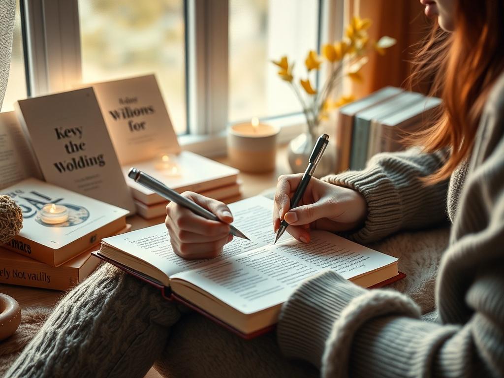 A close-up shot of a person writing in a beautifully designed journal, surrounded by motivational books and cozy elements. Soft natural light illuminates the scene, creating a warm and inviting atmosphere.