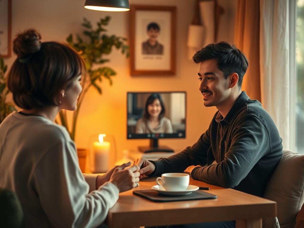 An inviting scene of a person sitting at a table with a warm beverage, engaged in a meaningful conversation via video call. The setting is cozy, with soft lighting and personal touches that evoke a sense of comfort.