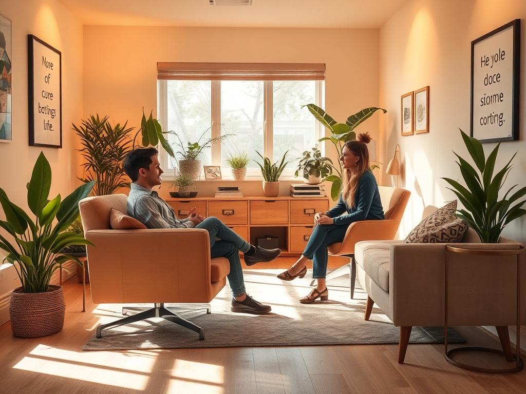 A serene and inviting office space with warm lighting and comfortable seating. A person sits in a cozy chair, engaged in a discussion with a supportive coach. The background features soft colors, plants, and inspirational quotes on the walls.