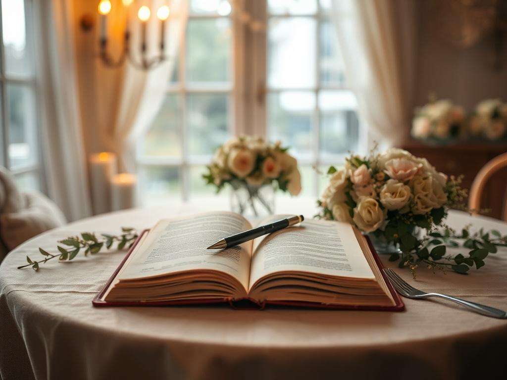 A serene and inviting indoor setting featuring a warm, cozy atmosphere with soft gold accents. A beautifully set table with a delicate floral arrangement sits in front of a window with soft natural light streaming in. The focus is on a single, open journal with a pen resting on it, symbolizing reflection and growth. In the background, subtle hints of wedding décor can be seen, creating a harmonious blend of love and personal development.