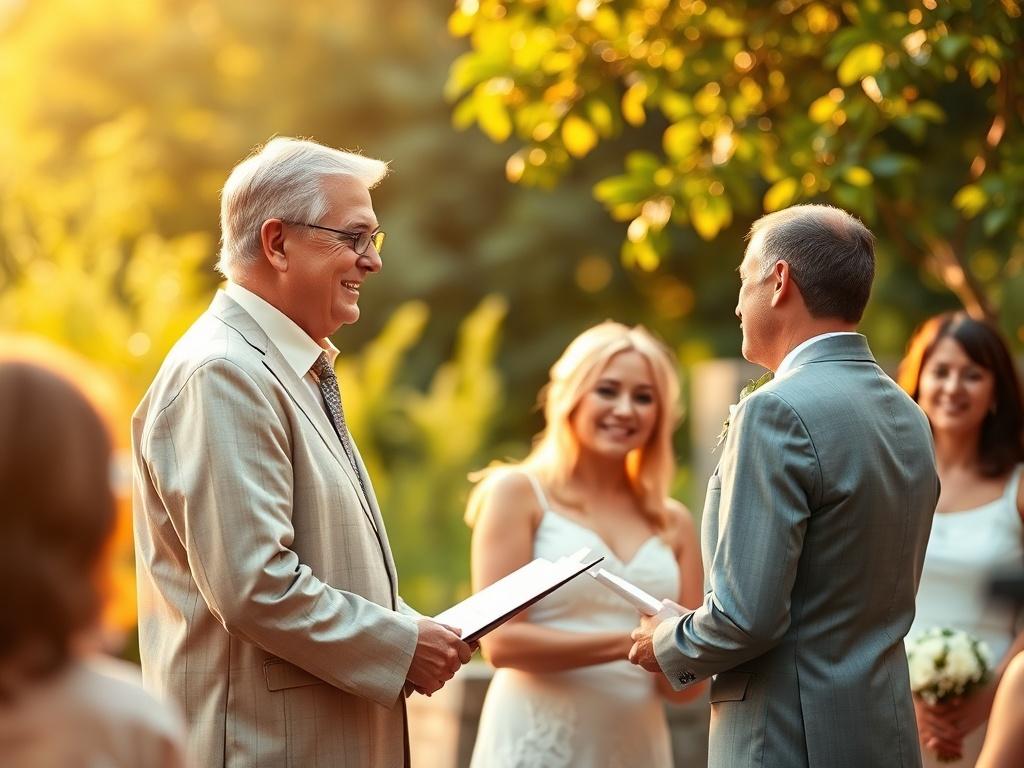 A warm and inviting scene featuring a serene wedding ceremony taking place outdoors. Soft golden lighting creates a cozy atmosphere, with lush greenery as the backdrop. The officiant, a middle-aged individual with a welcoming smile, stands in front of a couple exchanging vows, surrounded by friends and family. The focus is on the joy and connection between the couple, capturing a moment of love and commitment.