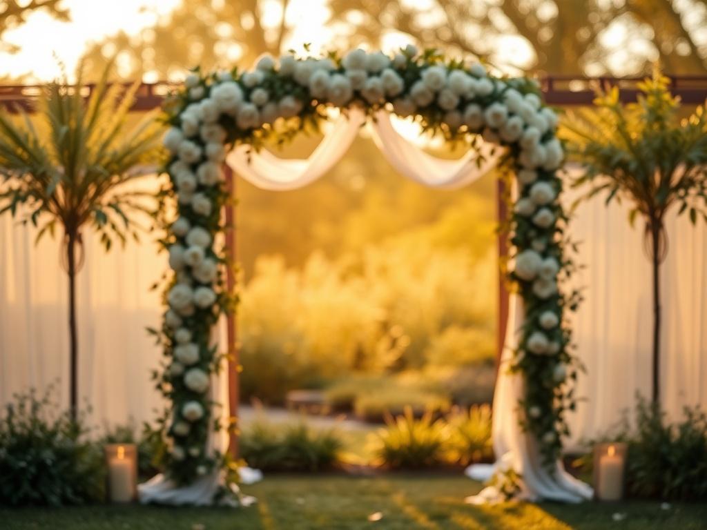 A serene scene of a cozy outdoor wedding setup, featuring a beautifully decorated archway with soft flowers and greenery. The background shows a sunlit garden with golden hues, creating a warm and inviting atmosphere. The focus is on the wedding arch, symbolizing love and commitment, with soft lighting enhancing the peaceful ambiance.