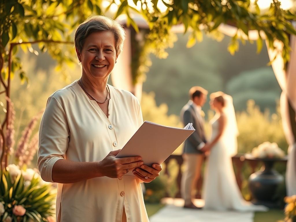 A serene wedding officiant standing in a beautiful outdoor setting, surrounded by lush greenery and soft golden lighting. The officiant is smiling gently, holding a wedding script, with a warm and inviting demeanor. In the background, a couple can be seen exchanging vows in a romantic atmosphere, showcasing love and connection. The scene embodies warmth, inclusivity, and the essence of love, with soft hues enhancing the peaceful ambiance.