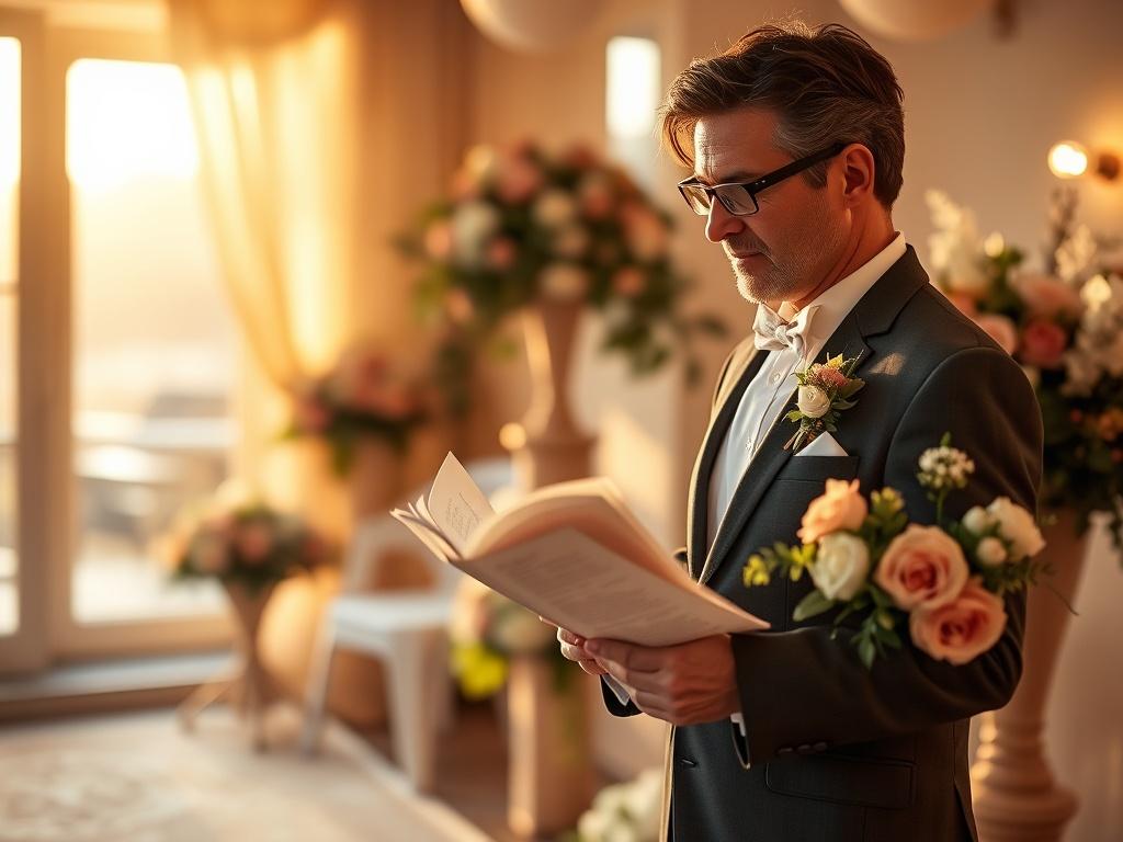 A serene and cozy setting featuring a warm, inviting space with soft golden hues and gentle lighting. The focus is on a single, well-dressed wedding officiant holding a wedding ceremony script, surrounded by beautiful floral arrangements. The background features a softly blurred view of a tranquil outdoor setting, evoking peace and connection.