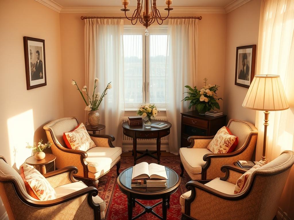 A serene and inviting scene depicting a warm, cozy office space where a wedding officiant meets with couples. The room is softly lit with golden hues, featuring comfortable seating, a small table with a wedding book, and floral decorations. The background shows a window with soft drapes, allowing natural light to filter in, creating a tranquil atmosphere.