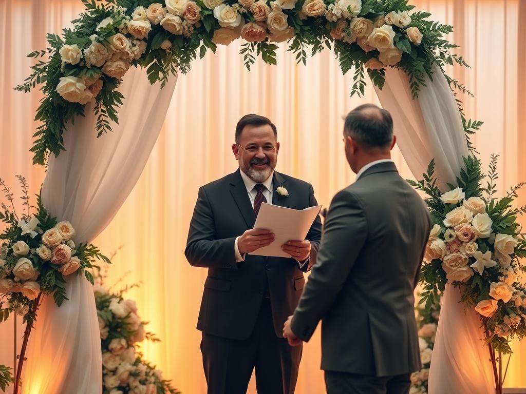A warm, inviting scene of a wedding officiant standing beneath a beautifully decorated archway, surrounded by greenery and soft golden lighting. The officiant is smiling, holding a ceremony script, while a couple stands before them, hands clasped. The background features lush flowers and soft drapery, creating an intimate and serene atmosphere.