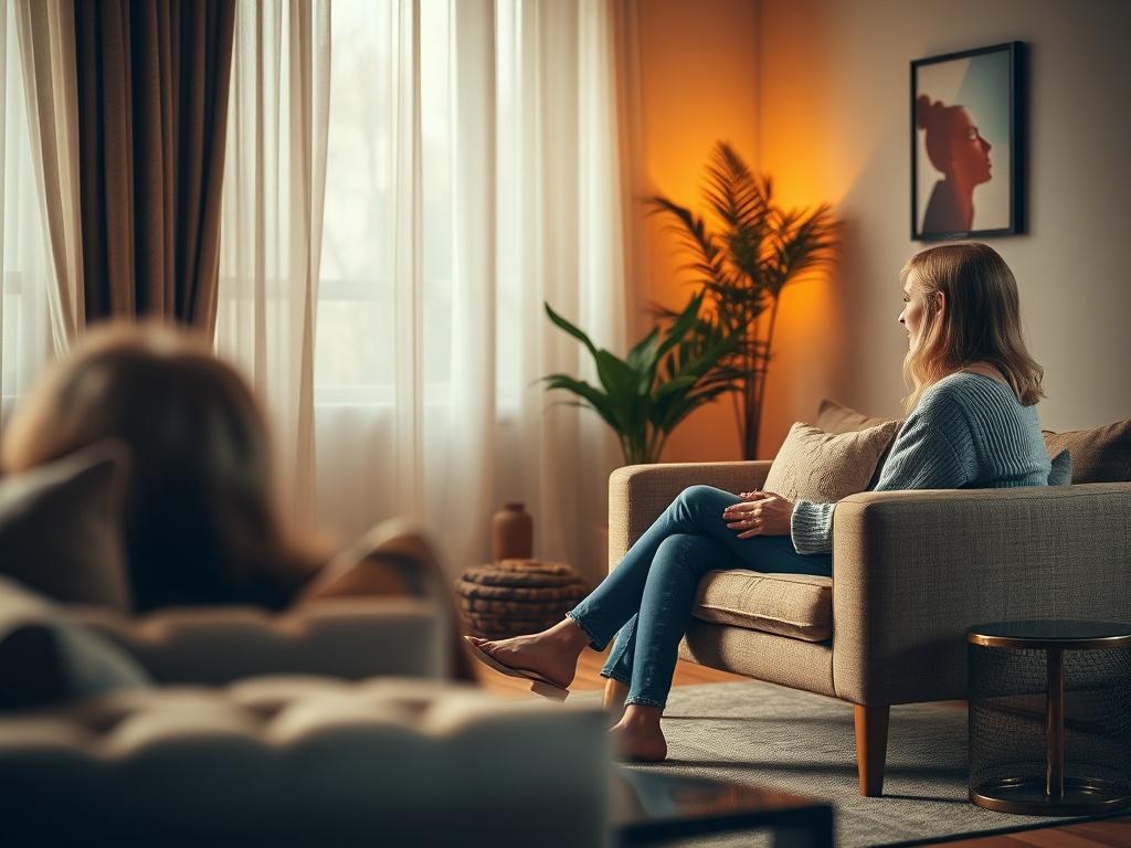 A serene coaching session taking place in a peaceful environment, with a coach and a client sitting together, engaged in a meaningful discussion. The setting features soft lighting, comfortable seating, and a warm atmosphere that encourages openness and growth.