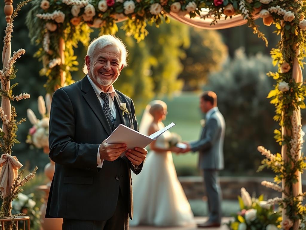 A warm and inviting wedding officiant standing at an outdoor altar adorned with flowers, surrounded by greenery and soft golden light. The officiant is smiling, holding a ceremony script, with a happy couple in the background exchanging vows. The scene is serene, highlighting a loving atmosphere.