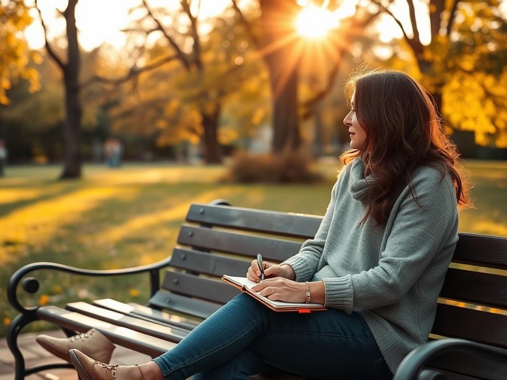 An inspiring coaching session taking place outdoors in a peaceful park. A coach and a client are seated on a bench, engaged in a deep conversation. The sun filters through the trees, casting a warm glow over the scene. A notepad and pen rest in the client's lap, symbolizing the journey towards clarity and personal development.