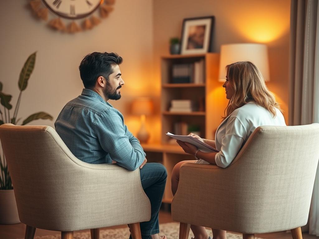 A cozy counseling room with two comfortable chairs facing each other, warm lighting, and soft decor. A couple is engaged in a heartfelt conversation with a professional counselor, who is guiding them with a notepad. The atmosphere exudes warmth and trust.