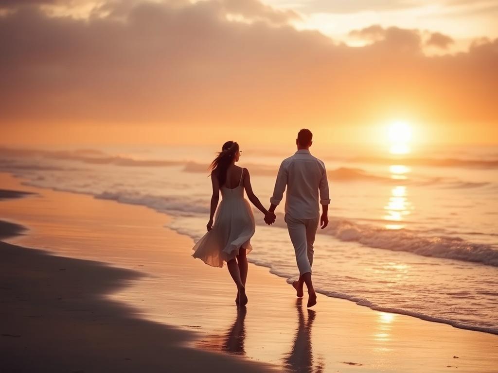 A calm scene of a couple walking hand-in-hand along a beach at sunset, with soft waves in the background. The warm golden hues create a peaceful and romantic vibe, symbolizing the ease and joy of their vow writing journey.