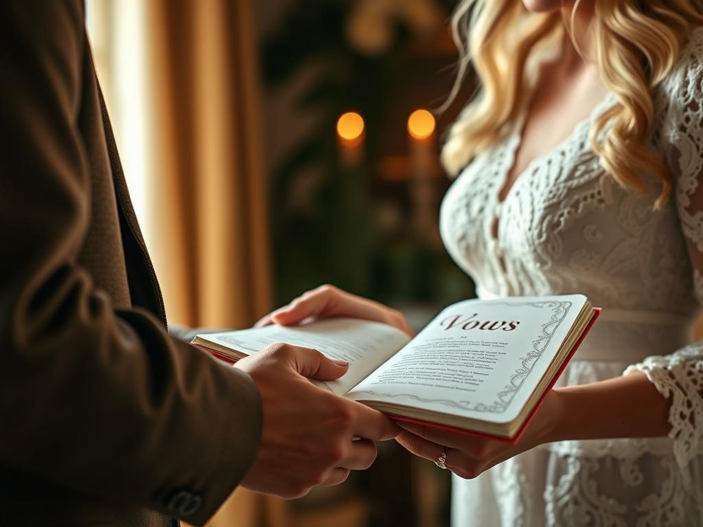 A close-up shot of a couple holding hands, with one partner reading from a beautifully designed vow book. The soft lighting highlights the emotions on their faces, showcasing the significance of their vows in the moment.