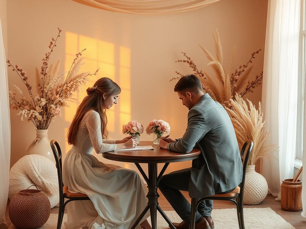 A serene setting with a couple sitting together at a cozy table, writing vows in a soft golden light. The background features gentle floral arrangements and warm neutrals, creating a romantic and intimate atmosphere.