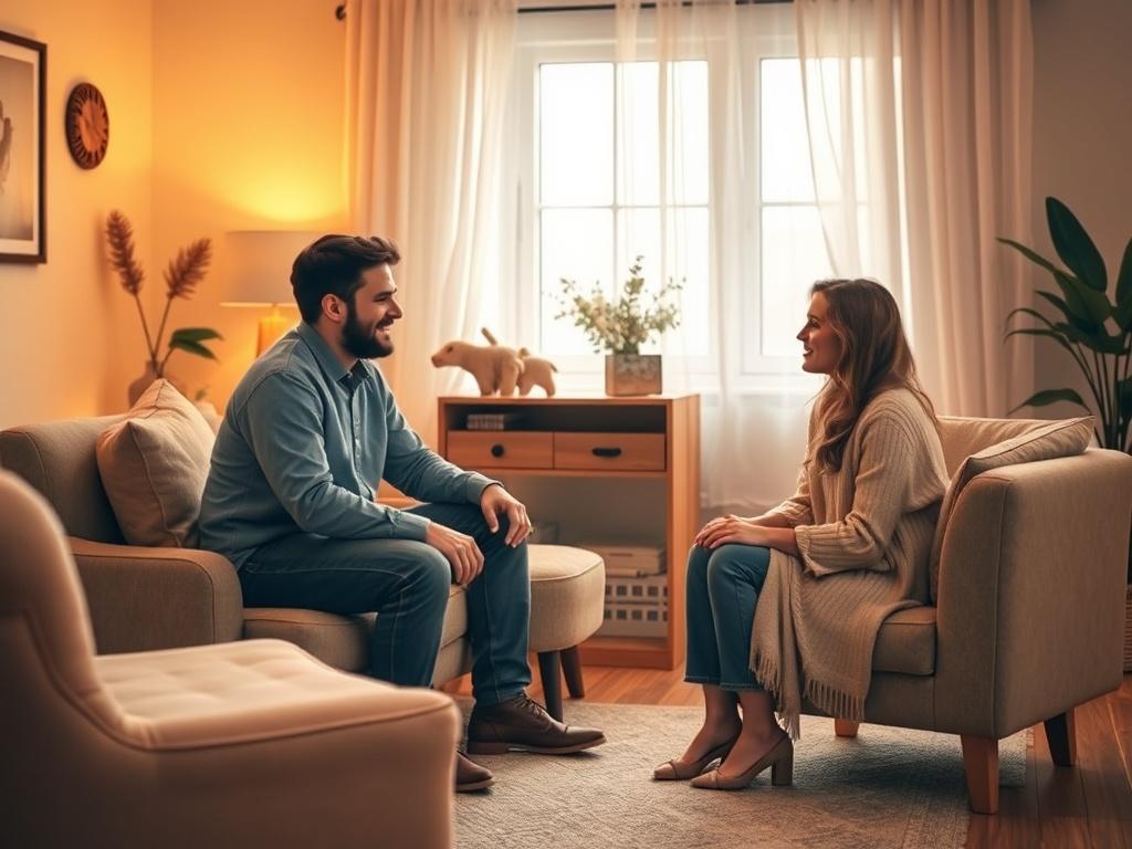 A cozy counseling room with a comfortable seating arrangement. The image features a couple engaged in a thoughtful discussion with a compassionate counselor. The room is warmly lit, with soft hues and inviting decor, creating a safe space for open communication and connection.