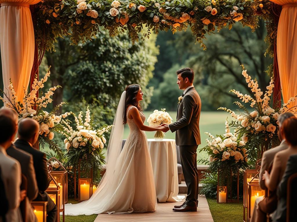 A warm and inviting wedding ceremony setting, featuring a couple exchanging vows in a serene outdoor environment. Soft golden lighting creates a cozy atmosphere, with lush greenery and delicate floral arrangements in the background, capturing the essence of love and commitment.