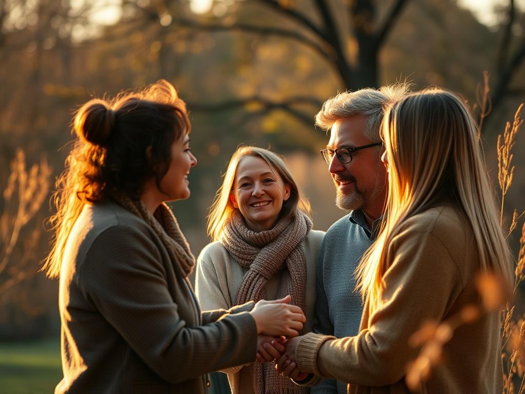 A heartfelt moment shared between a coach and a couple in a serene setting, engaged in a meaningful conversation. Soft golden light adds warmth to the scene, highlighting their connection.