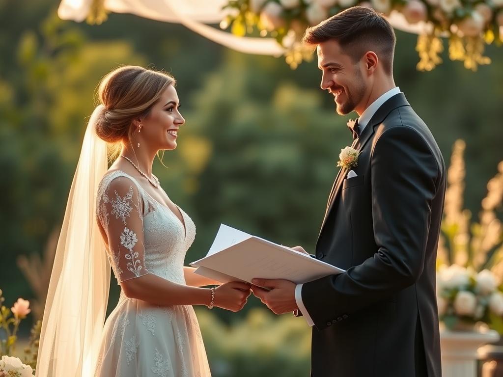 A serene wedding ceremony scene in a lush outdoor setting with soft golden lighting. The focus is on a smiling officiant standing beside a happy couple exchanging vows. The background includes gentle greenery and soft floral decorations, creating a warm and inviting atmosphere. The officiant holds a beautifully crafted ceremony script, highlighting professionalism and warmth.
