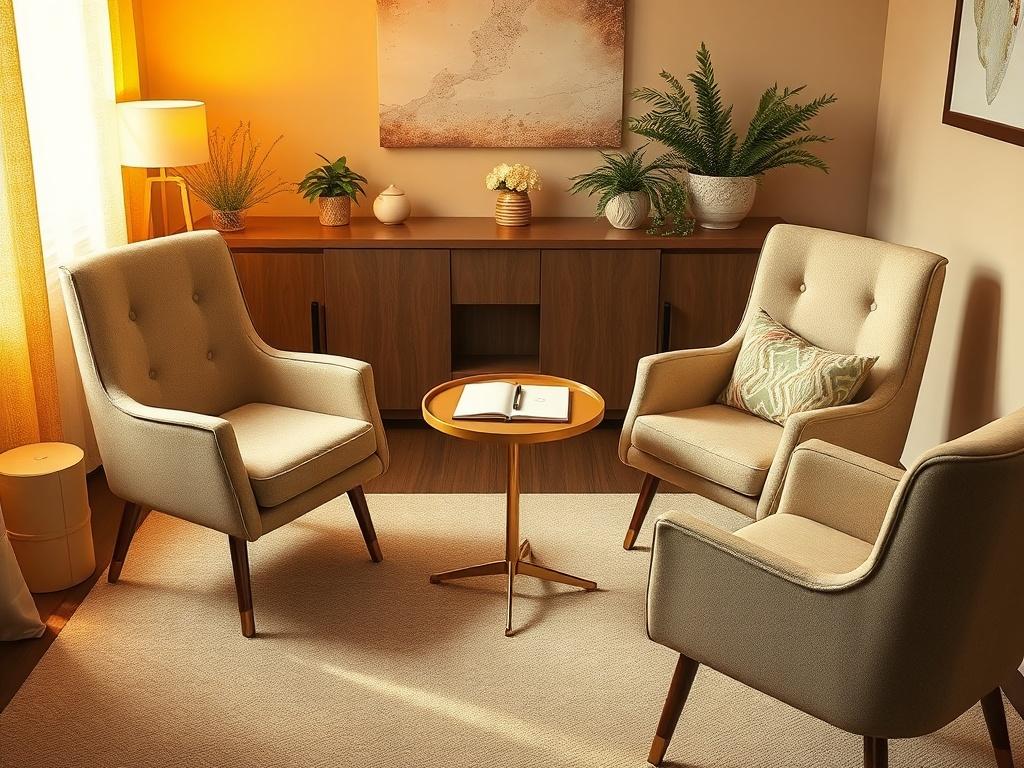 A peaceful and comforting counseling room, with two chairs facing each other, a small table with a notebook and pen in the middle, surrounded by soft golden lighting and calming decor. The atmosphere conveys warmth, support, and open communication.