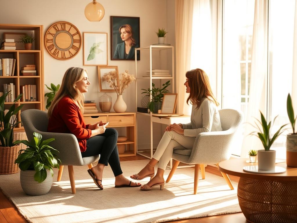 A motivational coaching session in a bright, inspiring office space. The image showcases a coach sitting with a client, engaged in deep conversation, surrounded by uplifting decor and natural light. The atmosphere radiates positivity and empowerment, encouraging personal growth and self-discovery.