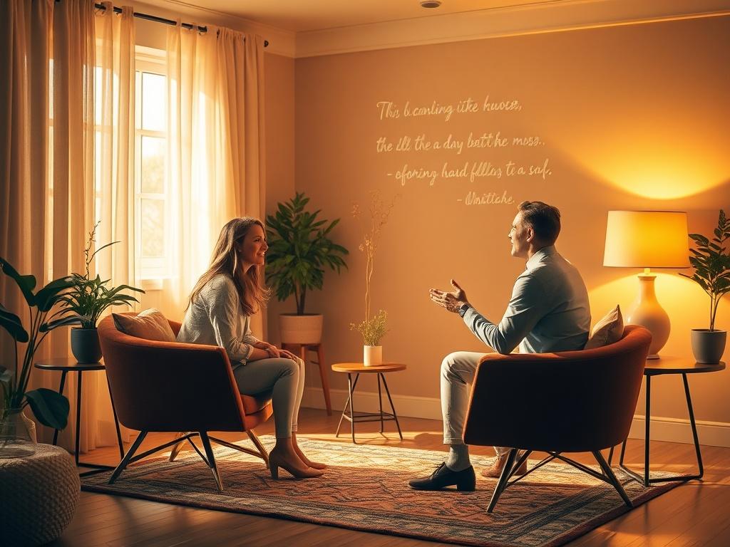 A vibrant and uplifting coaching session in progress, featuring a coach and client sitting across from each other, engaged in an empowering conversation. Soft golden lighting illuminates the room, filled with inspiring quotes and a sense of motivation.