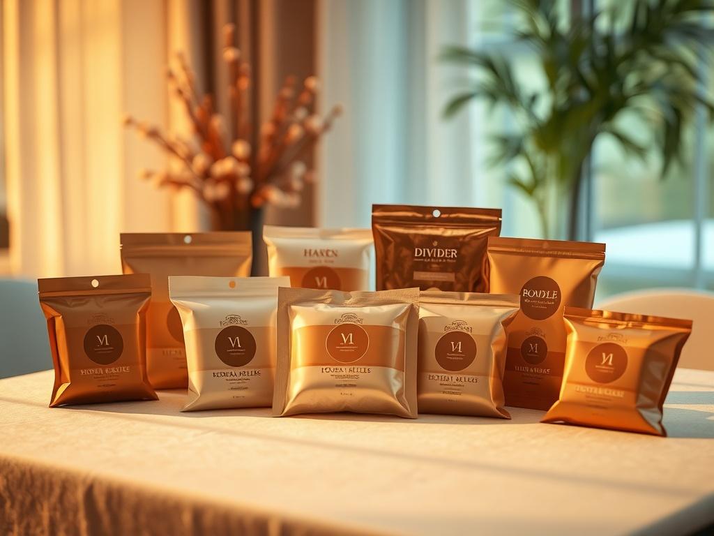 An elegant display of different package options laid out on a table, with soft lighting creating a serene atmosphere. Each package is visually appealing, with warm hues and inviting textures.
