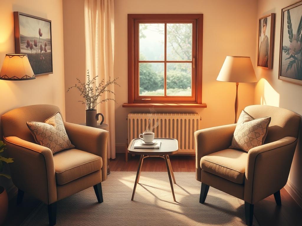 A cozy counseling room with soft lighting, featuring two comfortable chairs facing each other. A small table in between holds a notepad and a steaming cup of tea. The walls are adorned with calming artwork, and a window shows a glimpse of a serene garden outside, creating an atmosphere of warmth and trust.