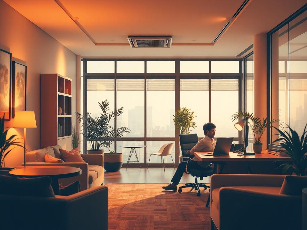 A warm, inviting office space with a cozy atmosphere, featuring a comfortable seating area, soft lighting, and a welcoming feel. A person sitting at a desk with a notepad, engaged in a conversation, while a warm golden hue bathes the room.