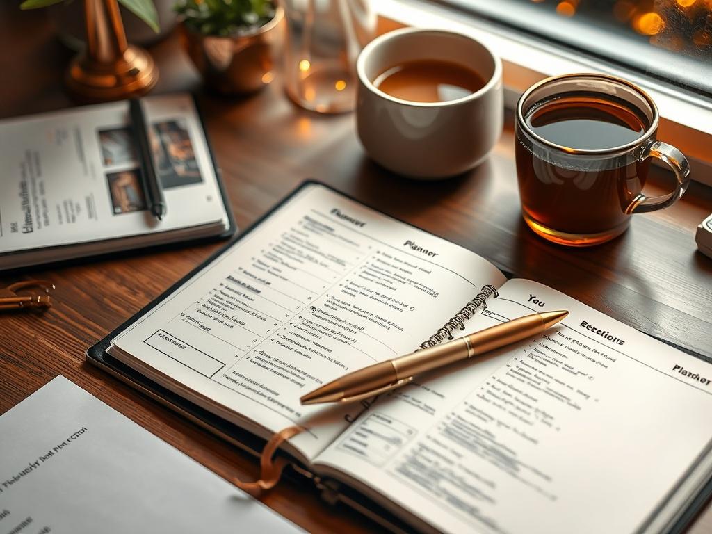 A close-up of a planner open on a desk, filled with notes, goals, and actionable plans. A pen rests beside it, and a warm cup of tea or coffee sits nearby, creating a cozy workspace environment.