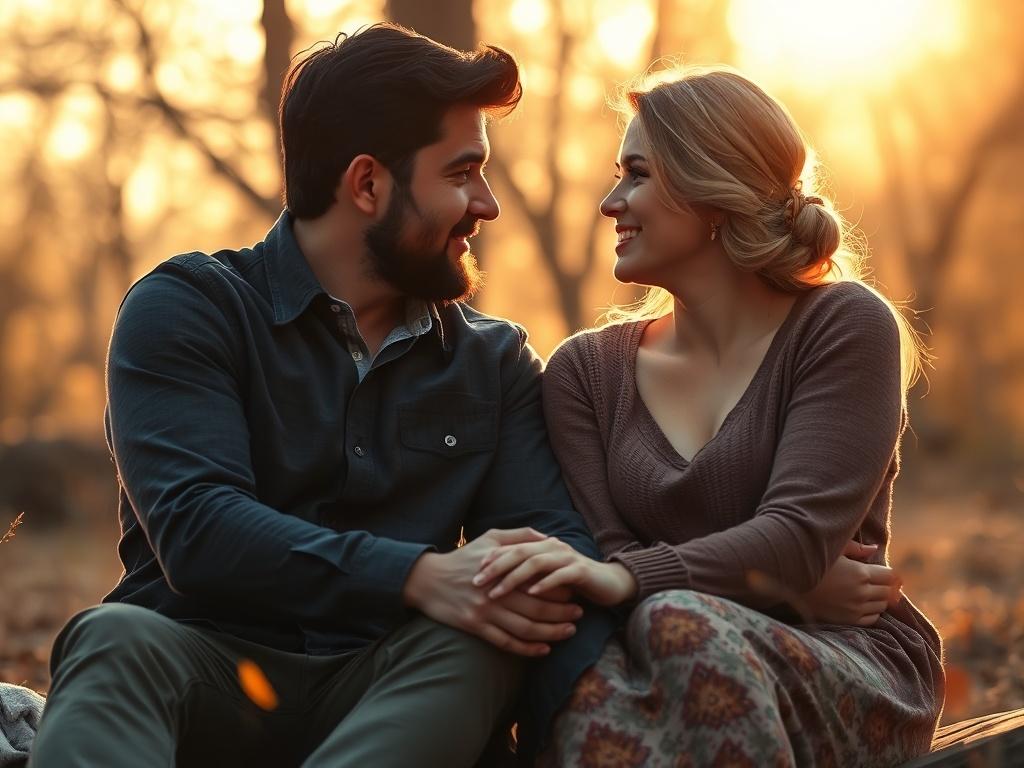 A serene setting with a couple sitting together outdoors, looking at each other with love in their eyes. Soft golden light filters through the trees, casting a warm glow. The couple is holding hands, surrounded by nature, symbolizing love and connection. The atmosphere is peaceful and inviting, capturing the essence of heartfelt moments.