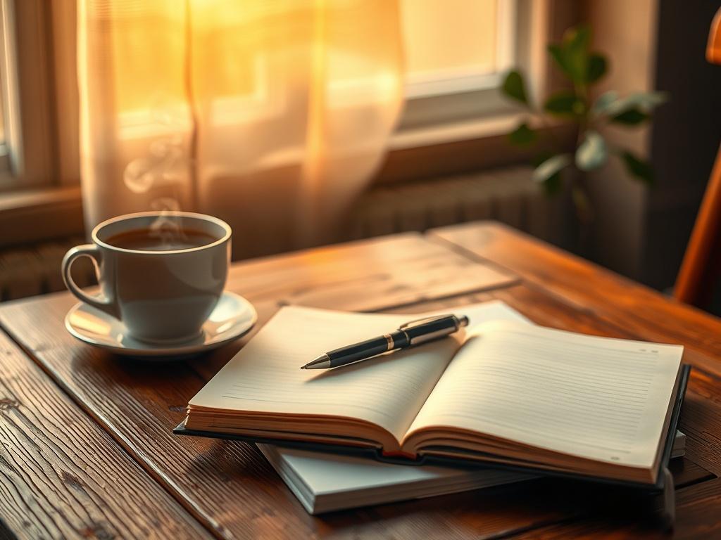 A cozy workspace with a notebook and pen placed on a wooden table. A warm cup of tea steams beside it, and a soft golden light illuminates the scene. The background features a subtle hint of greenery, suggesting a peaceful environment conducive to creativity. The image conveys a sense of calm and inspiration, inviting couples to feel motivated to write.
