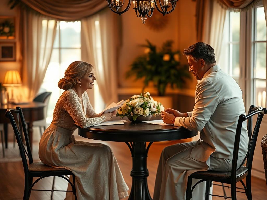 An intimate setting with a wedding planner sitting across from a couple at a table. They are engaged in a heartfelt conversation, reviewing notes and drafts of wedding vows. The atmosphere is warm and inviting, with soft lighting that enhances the connection between them. This scene embodies collaboration and creativity, showcasing the support couples can receive.