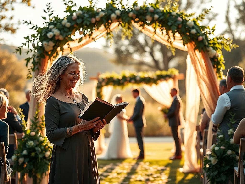 A serene wedding officiant standing beneath a beautiful arch adorned with soft golden accents and lush greenery. The officiant is smiling warmly, holding a wedding ceremony script, with a gentle breeze flowing through their hair. In the background, a couple stands hand in hand, exchanging vows, surrounded by friends and family in a cozy outdoor setting bathed in soft, golden lighting.