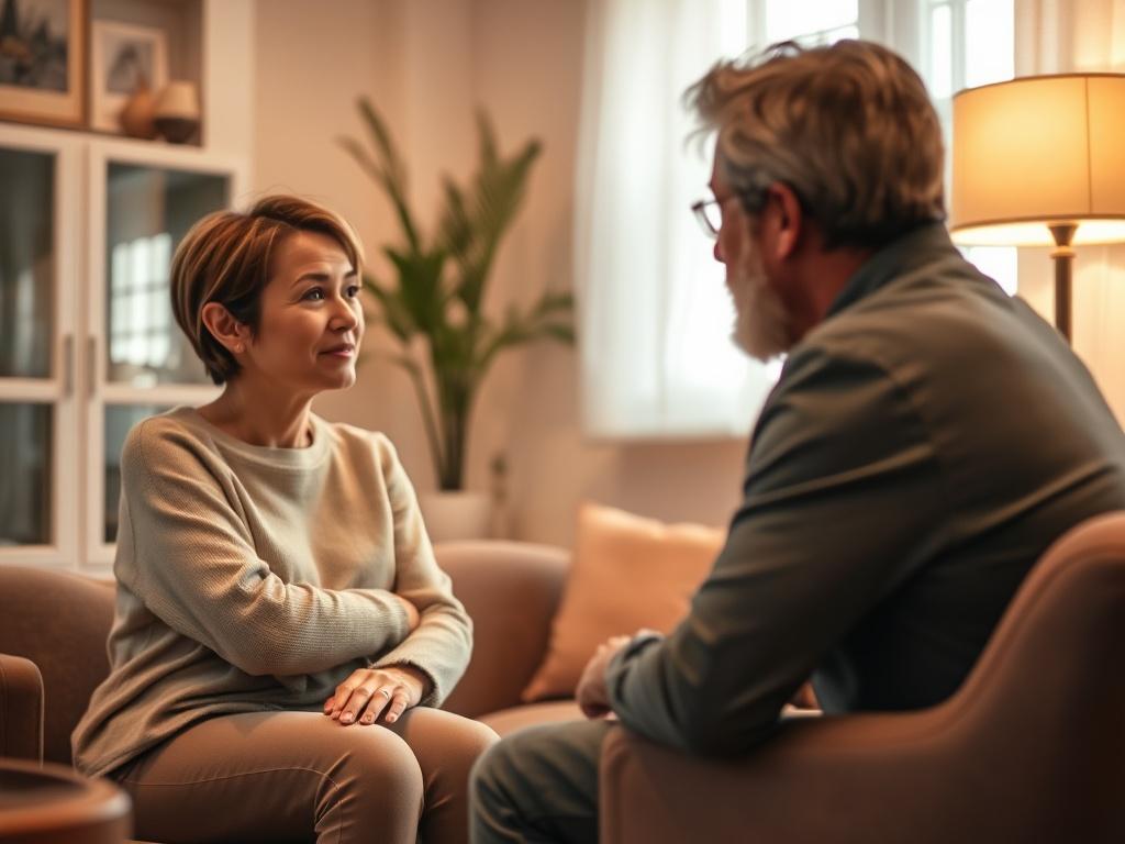 A cozy counseling room with soft lighting, showcasing a couple engaged in a thoughtful conversation with a life coach. The room is warmly decorated, creating an inviting atmosphere. The couple appears open and connected, reflecting a sense of trust and collaboration. The coach is attentively listening, fostering a supportive environment. The scene embodies warmth, understanding, and growth, symbolizing the journey towards a strong marriage.