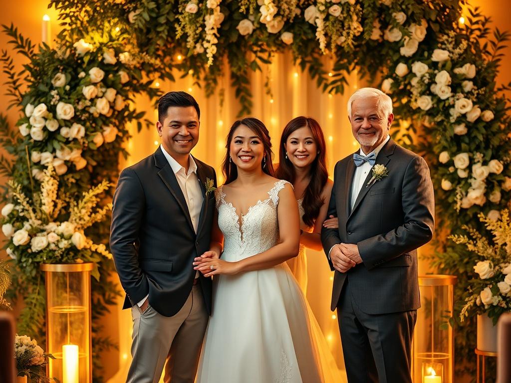 A serene wedding ceremony setting, featuring a couple standing together with a wedding officiant, surrounded by soft golden lighting. The background includes lush greenery and floral arrangements, creating an intimate and warm atmosphere. The couple appears joyful and connected, with a focus on their emotional bond. The officiant is smiling, reflecting a sense of warmth and inclusion. The overall mood is celebratory and inviting, capturing the essence of love and commitment.