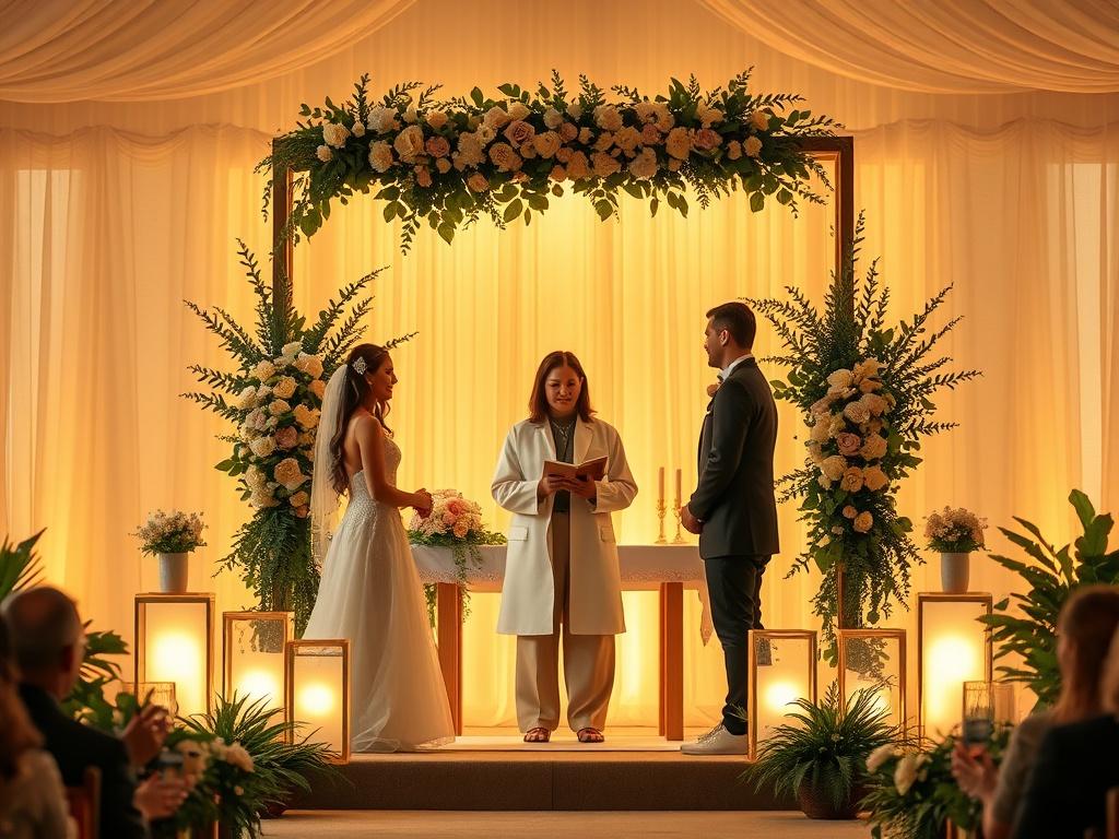A serene wedding setting with a beautifully decorated altar under soft golden lighting. The scene captures an officiant warmly engaging with a couple, surrounded by lush greenery and gentle floral arrangements. The atmosphere is peaceful and inviting, evoking feelings of love and connection.