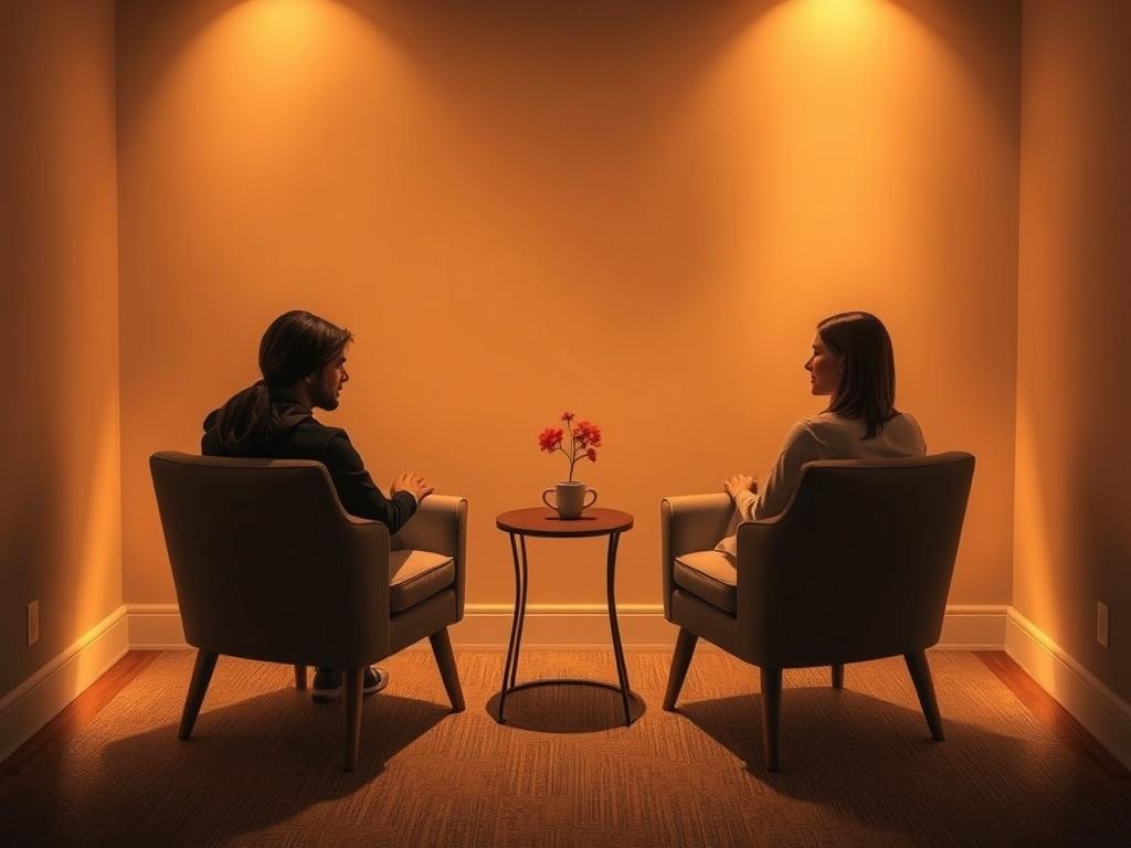 A cozy counseling room with two chairs facing each other, a small table with a coffee cup, and soft lighting. The atmosphere is inviting and warm, reflecting a safe space for couples to engage in meaningful conversations about their future together.