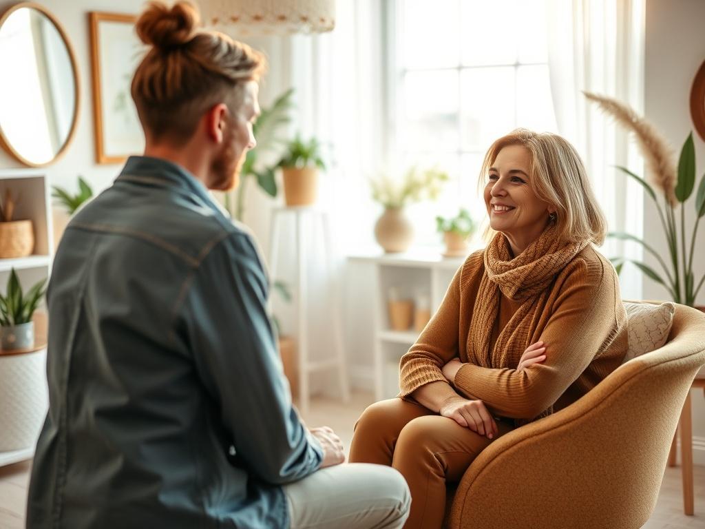 A life coach sitting across from a client in a bright, airy office filled with uplifting decor. The coach is smiling and listening attentively, creating an atmosphere of trust and empowerment for the client to share their thoughts.