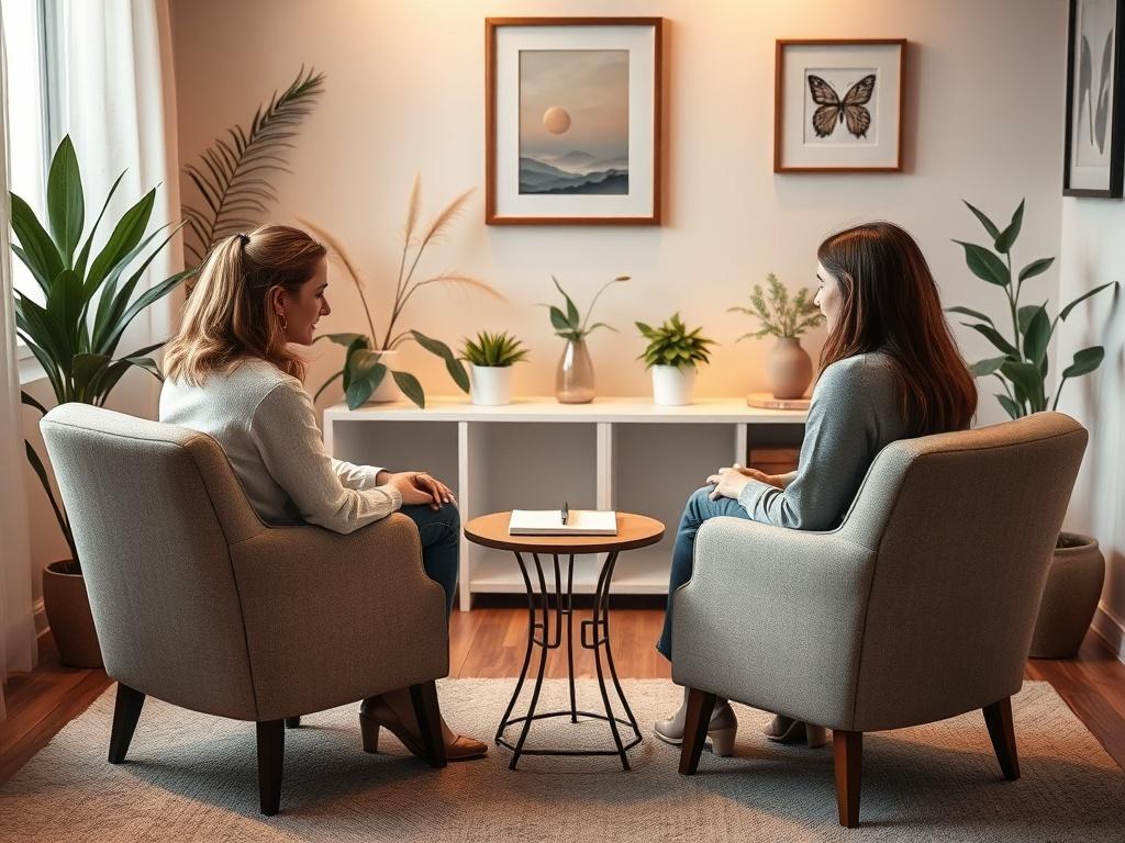 A cozy counseling room with soft lighting, featuring two comfortable chairs facing each other. A small table in between holds a notepad and pen, symbolizing open communication. The background includes calming decor such as plants and artwork, creating a peaceful atmosphere conducive to heartfelt discussions between couples.