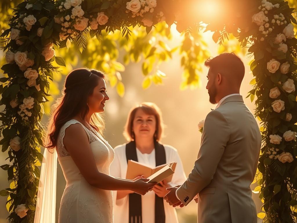 A serene wedding officiant standing under a beautifully decorated arch, surrounded by lush greenery. The officiant, a warm and approachable person, is engaged in a heartfelt moment with a couple exchanging vows. Soft golden sunlight filters through the leaves, creating a romantic and inviting atmosphere.