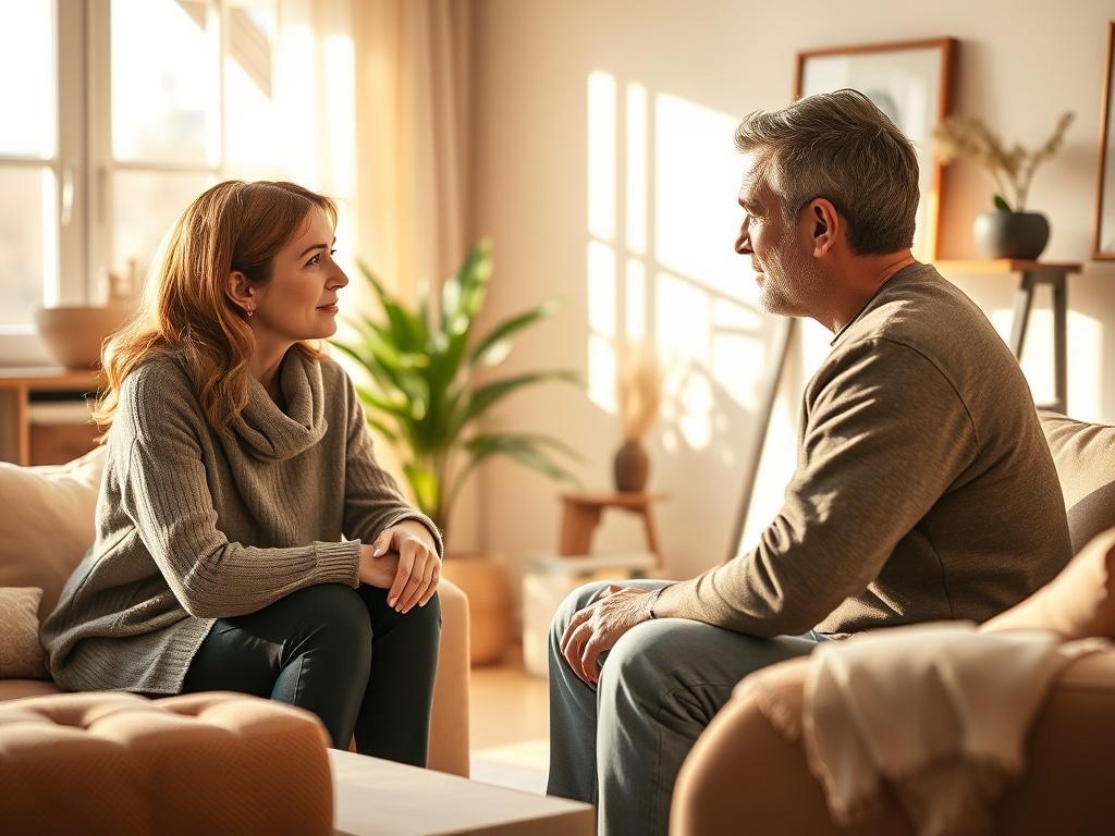 A serene coaching session in progress, showing a coach and a client engaged in a thoughtful discussion. The setting is peaceful with natural light streaming in, surrounded by calming decor. The coach listens intently, demonstrating empathy and professionalism, while the client appears engaged and inspired.