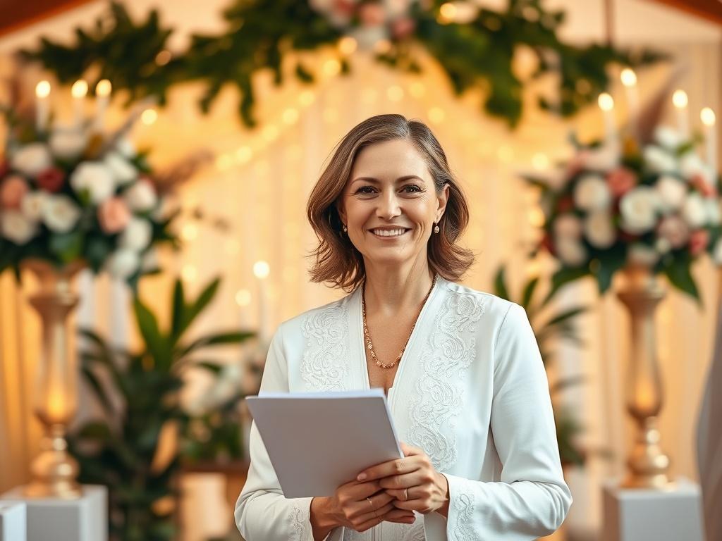 A warm and inviting wedding officiant standing in front of a beautifully decorated altar, surrounded by soft golden lighting and lush greenery. The officiant is smiling gently, holding a ceremony script, with a serene expression that conveys warmth and professionalism. In the background, blurred but visible, are wedding decorations with elegant floral arrangements, creating a cozy and celebratory atmosphere.