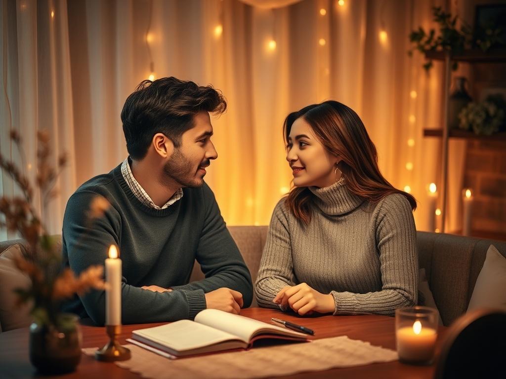 A serene setting depicting a couple deeply engaged in conversation, sitting at a cozy table adorned with soft lighting and warm decor. The background features a peaceful atmosphere with subtle golden hues, enhancing the warmth of the moment. The focus is on the couple's expressions, reflecting connection and understanding, while elements like a notebook and a candle add to the intimate ambiance.