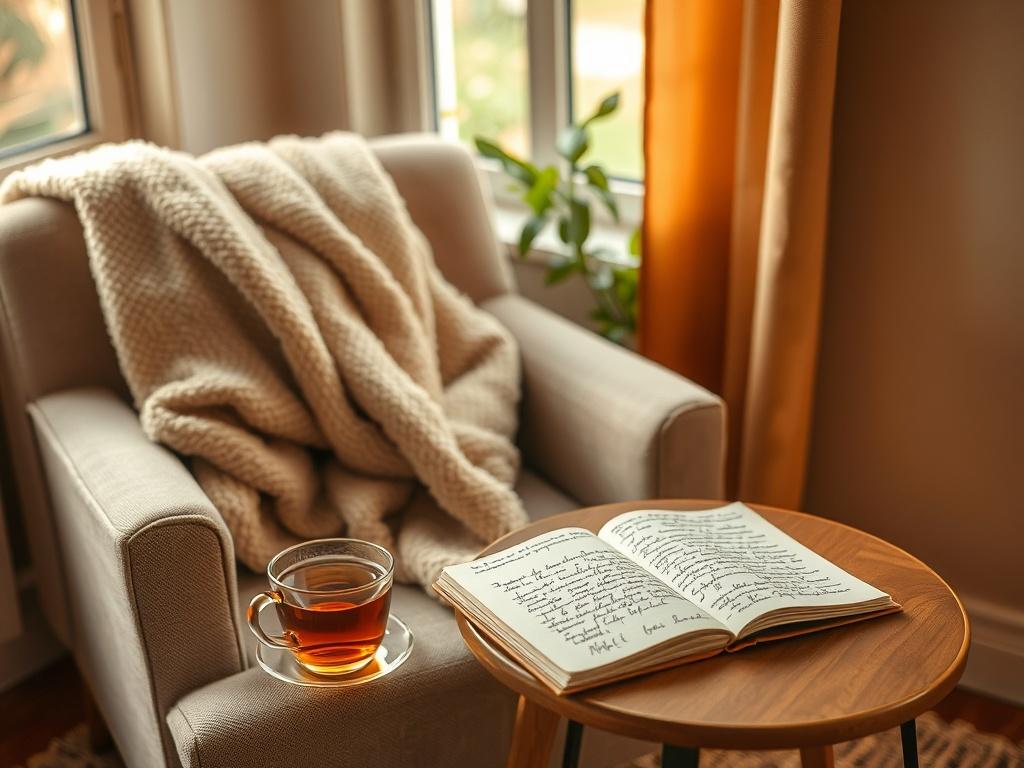A serene and inviting scene featuring a warm, softly lit interior of a cozy counseling space. The image showcases a single comfortable armchair with a plush throw blanket draped over it. A small table beside the chair holds a steaming cup of tea and a journal open to a page filled with handwritten notes. In the background, gentle greenery peeks through a window, creating a calming atmosphere. The color palette consists of warm neutrals, with soft gold accents subtly illuminated by natural light.